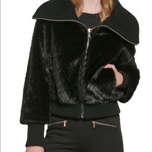 Karl Lagerfeld Paris Faux Mink Knit Collar Bomber Jacket, Black Size Large